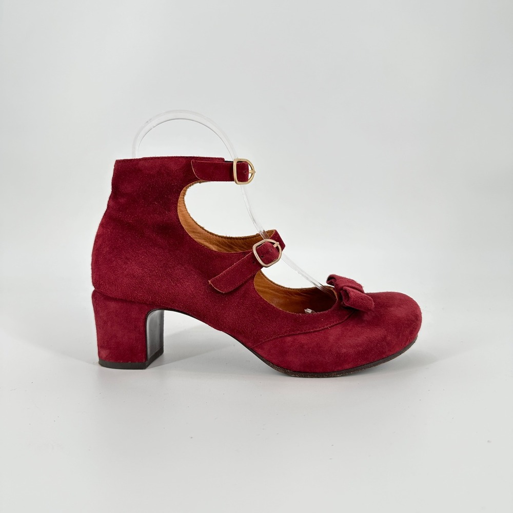 Chie Mihara Burgundy Red Suede Double Strap Mary Jane Bow Heels Women's 36 US 6